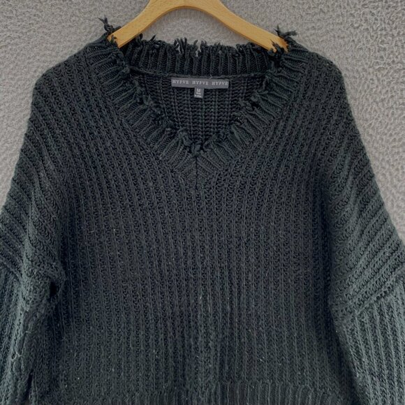 HYFVE Sweater Womens Medium Black Chunky Knit Frayed Hem V Neck Pullover Boho - Picture 2 of 10